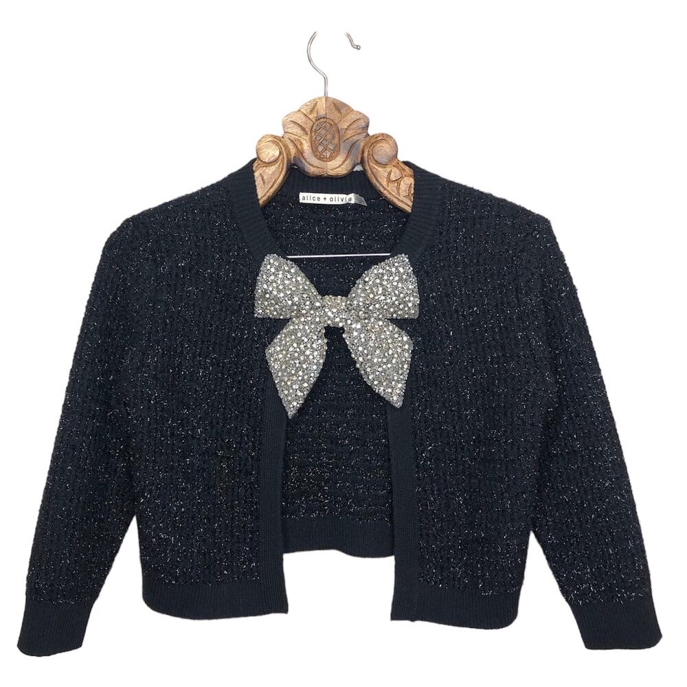 Alice + Olivia Akira Cardigan Black Sparkle Metallic Embellished Beaded Bow xs